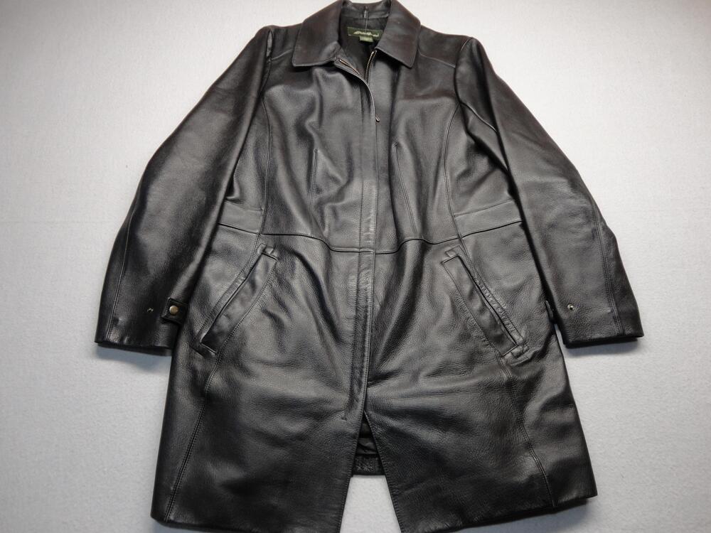Eddie Bauer Coat Womens 1X Black Leather Full Zip Lined Mid Length Overcoat
